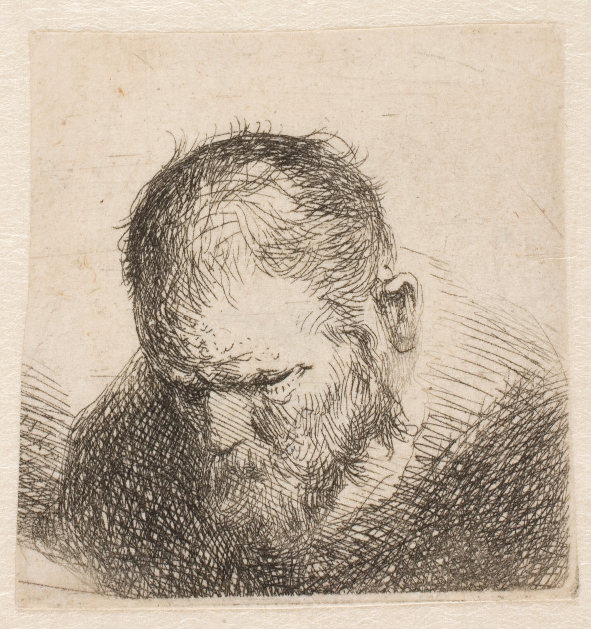 Kleine buste van een bebaarde man die naar beneden kijkt, met bijna gesloten ogen door Rembrandt van Rijn