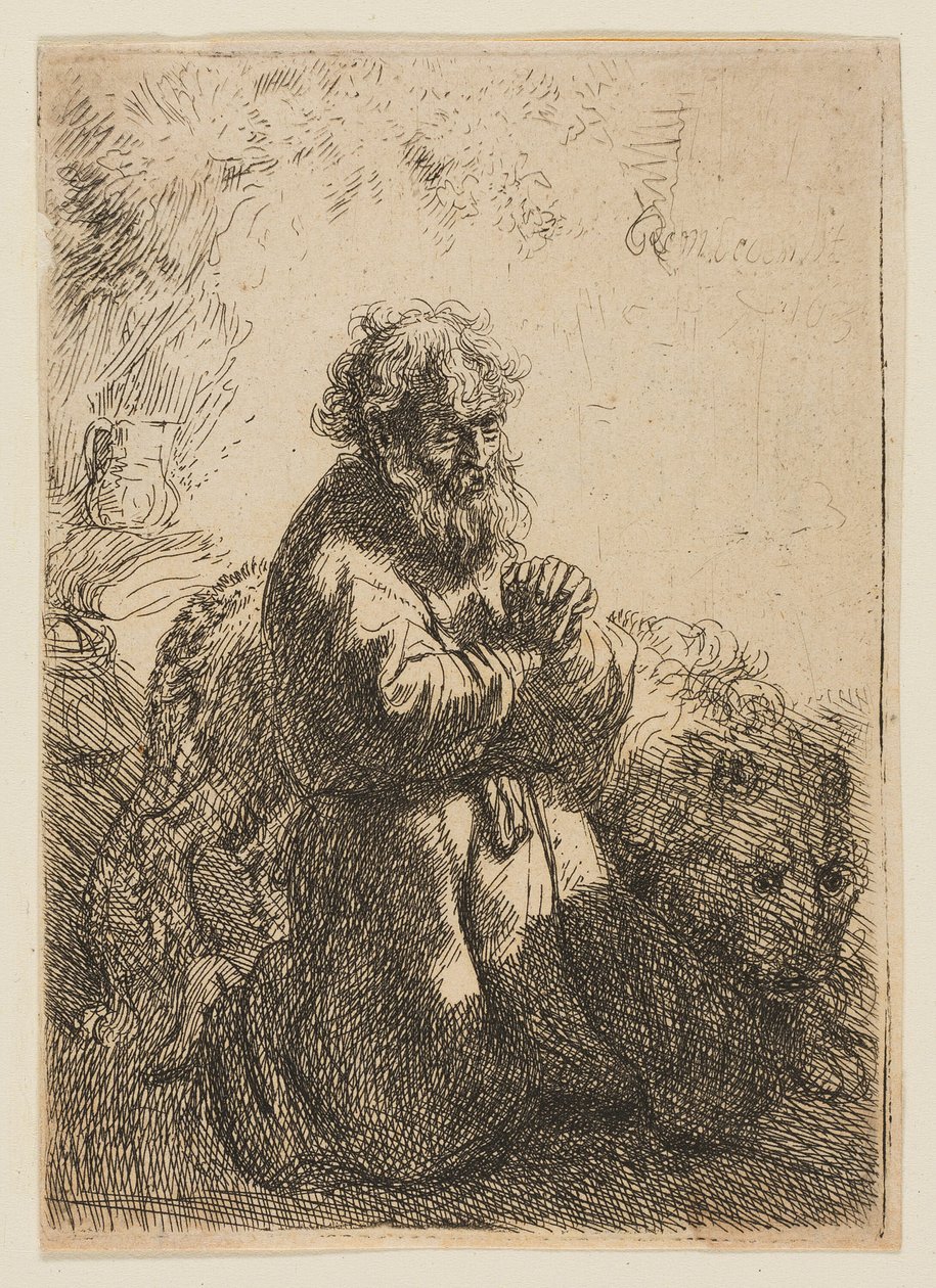 St. Hiëronymus Knielend in Gebed, Kijkt Naar Beneden door Rembrandt van Rijn