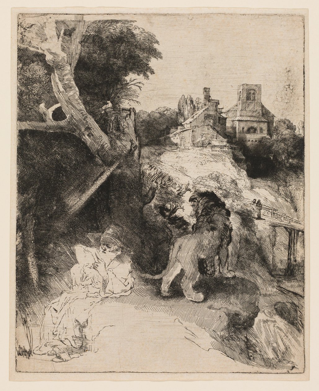 St. Hiëronymus lezend in een Italiaans landschap door Rembrandt van Rijn