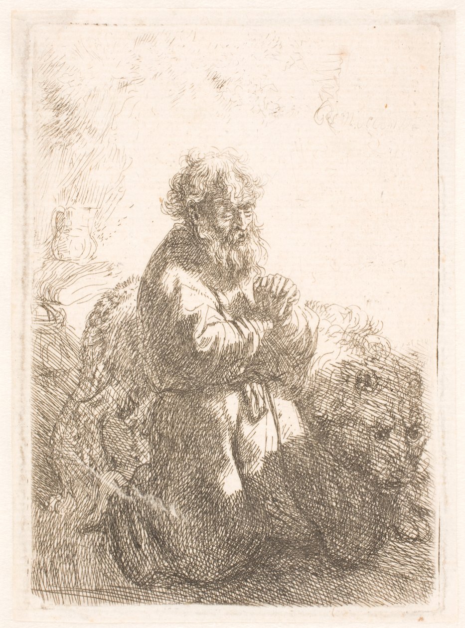 St. Hiëronymus knielend in gebed, naar beneden kijkend door Rembrandt van Rijn