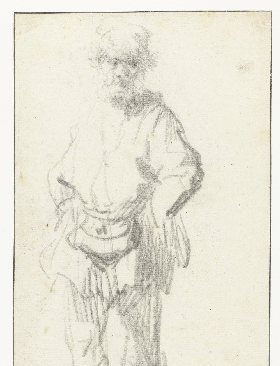 Staande man met een buidel door Rembrandt van Rijn