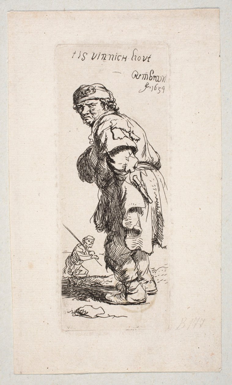 Een staande boer die naar links kijkt en een figuur met een stok op de achtergrond „Tis vinnich Kout“ door Rembrandt van Rijn