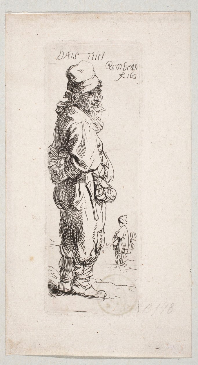 Een staande boer die naar rechts kijkt: "DatS niet" door Rembrandt van Rijn