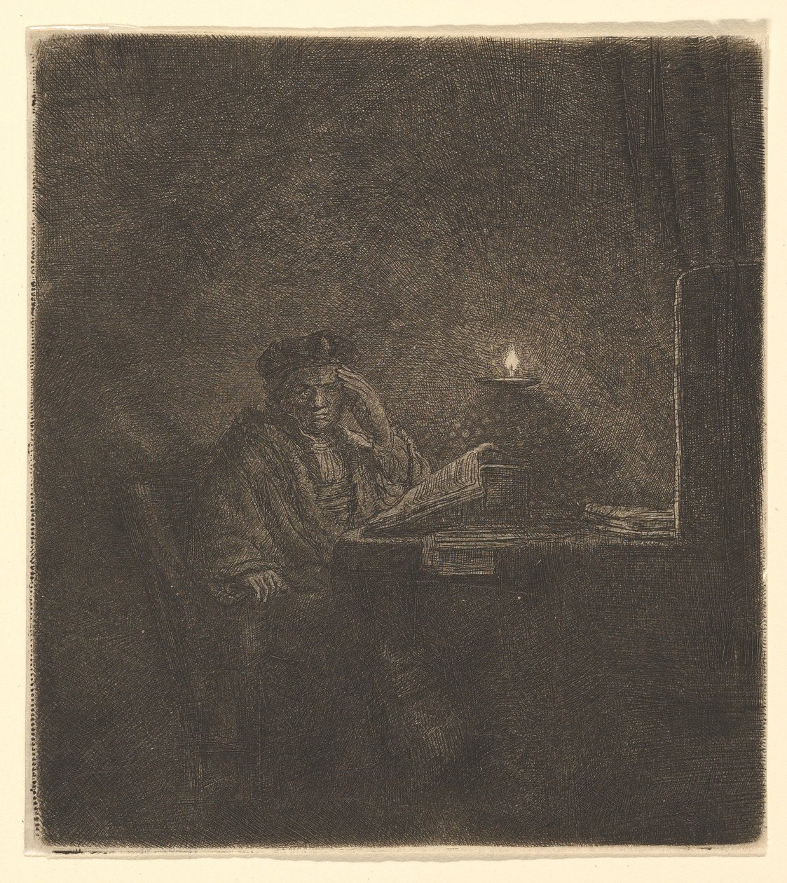 Student aan een tafel bij kaarslicht, ca. 1642 door Rembrandt van Rijn
