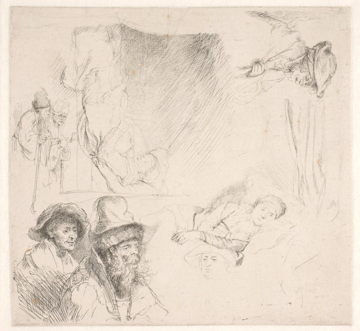Studieblad, o.a. met een bedlegerige vrouw door Rembrandt van Rijn