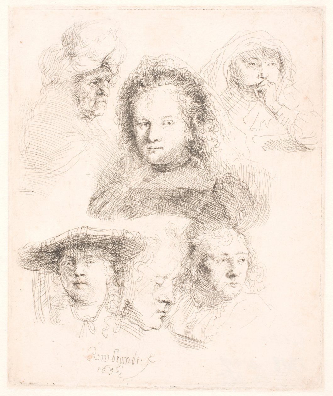 Studies van het hoofd van Saskia en anderen door Rembrandt van Rijn