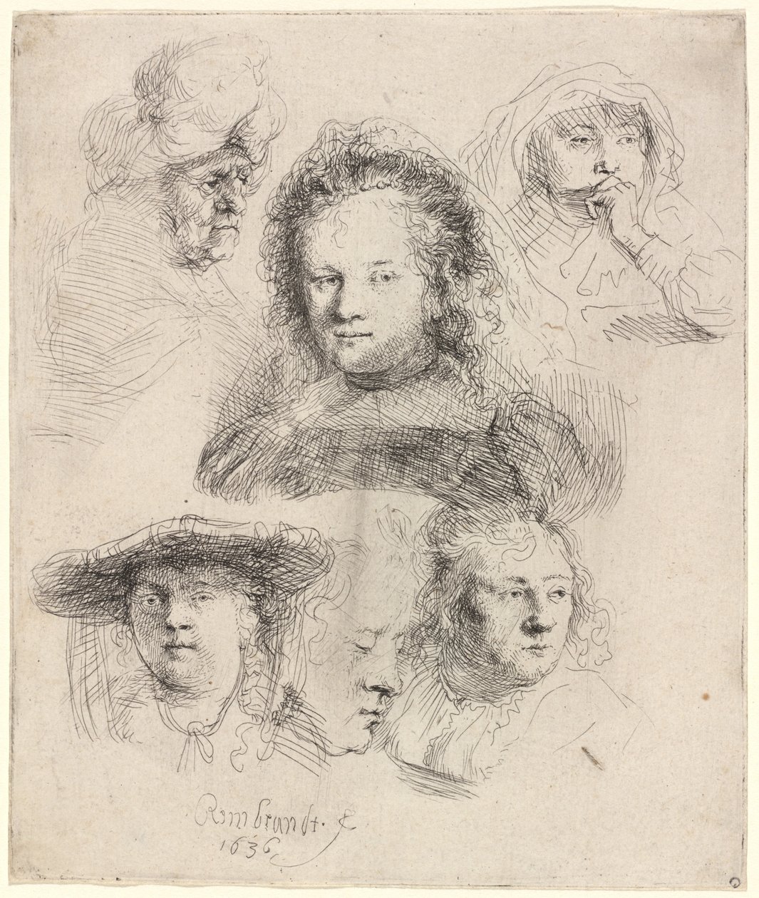 Studies van het Hoofd van Saskia en Anderen door Rembrandt van Rijn
