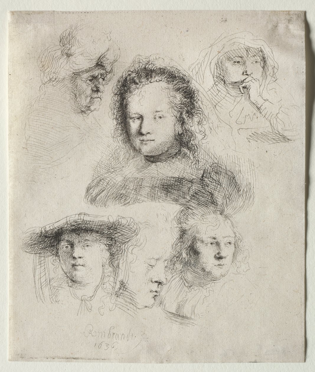 Studies van het Hoofd van Saskia en Anderen door Rembrandt van Rijn
