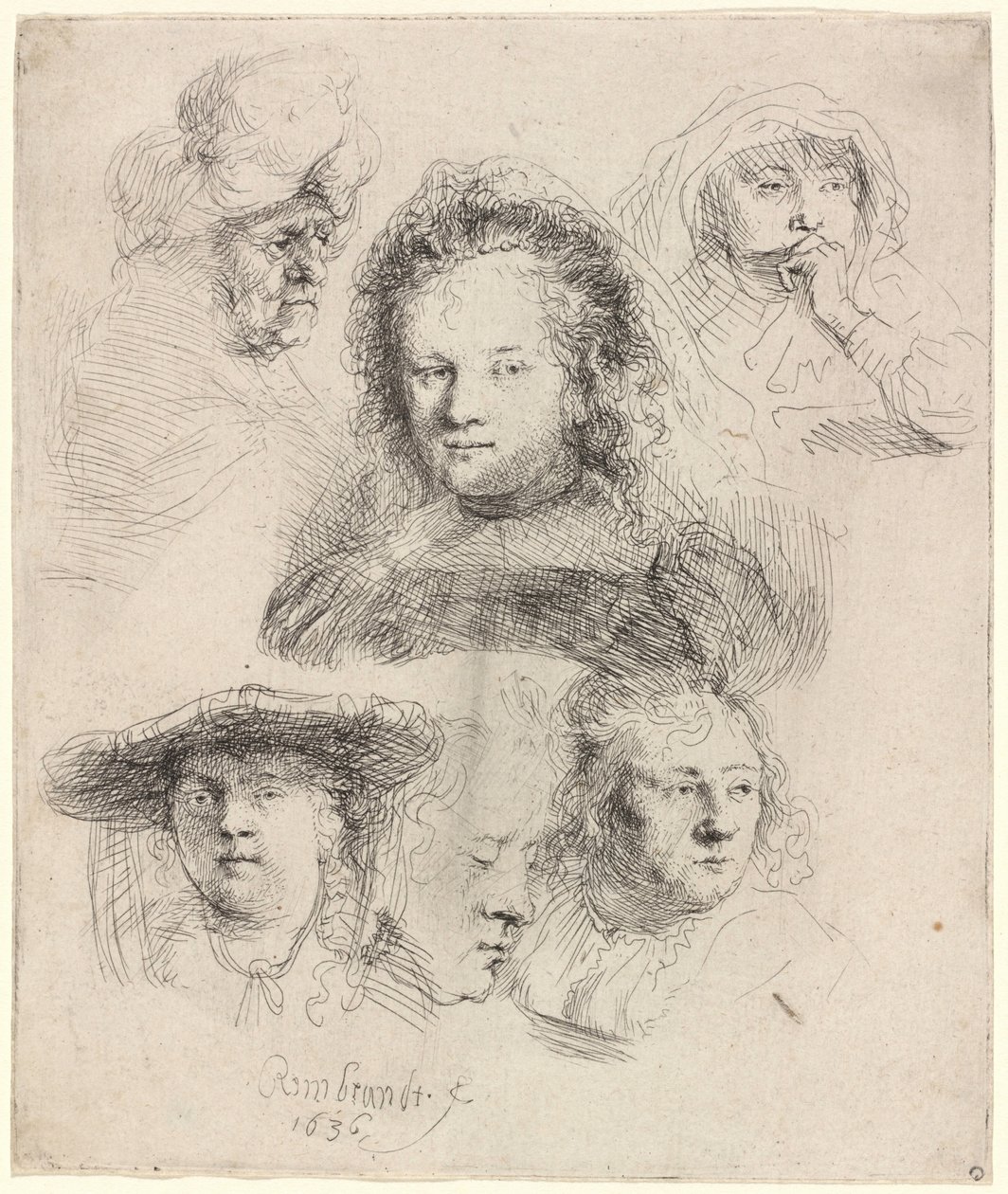 Studies naar het hoofd van Saskia en andere werken door Rembrandt van Rijn