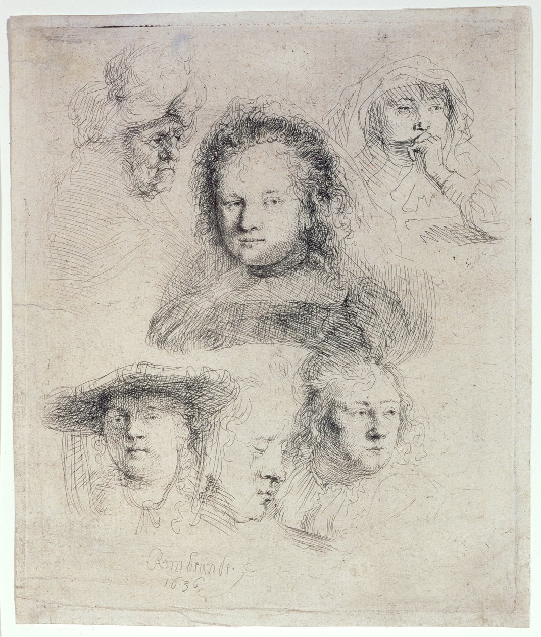 Studies naar het hoofd van Saskia en andere figuren door Rembrandt van Rijn