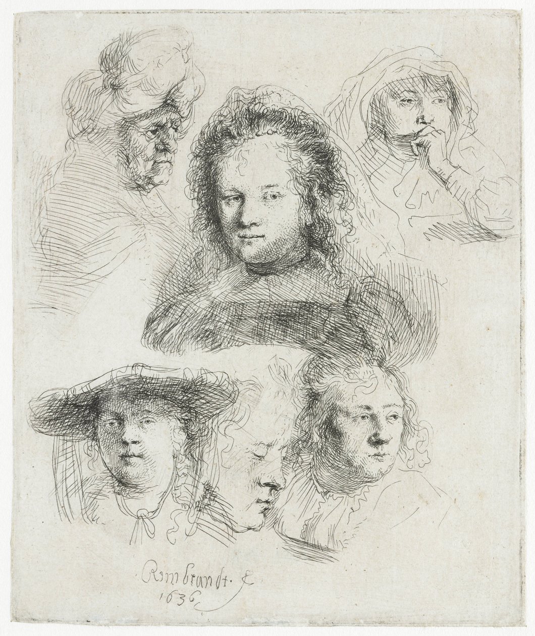 Studies van het hoofd van Saskia en anderen door Rembrandt van Rijn