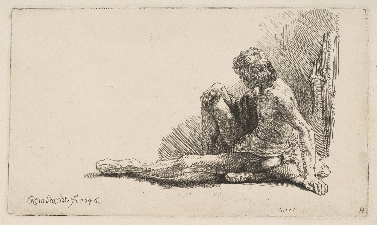 Studie van de naakte: Man zittend op de grond, met één been uitgestrekt, 1646 door Rembrandt van Rijn