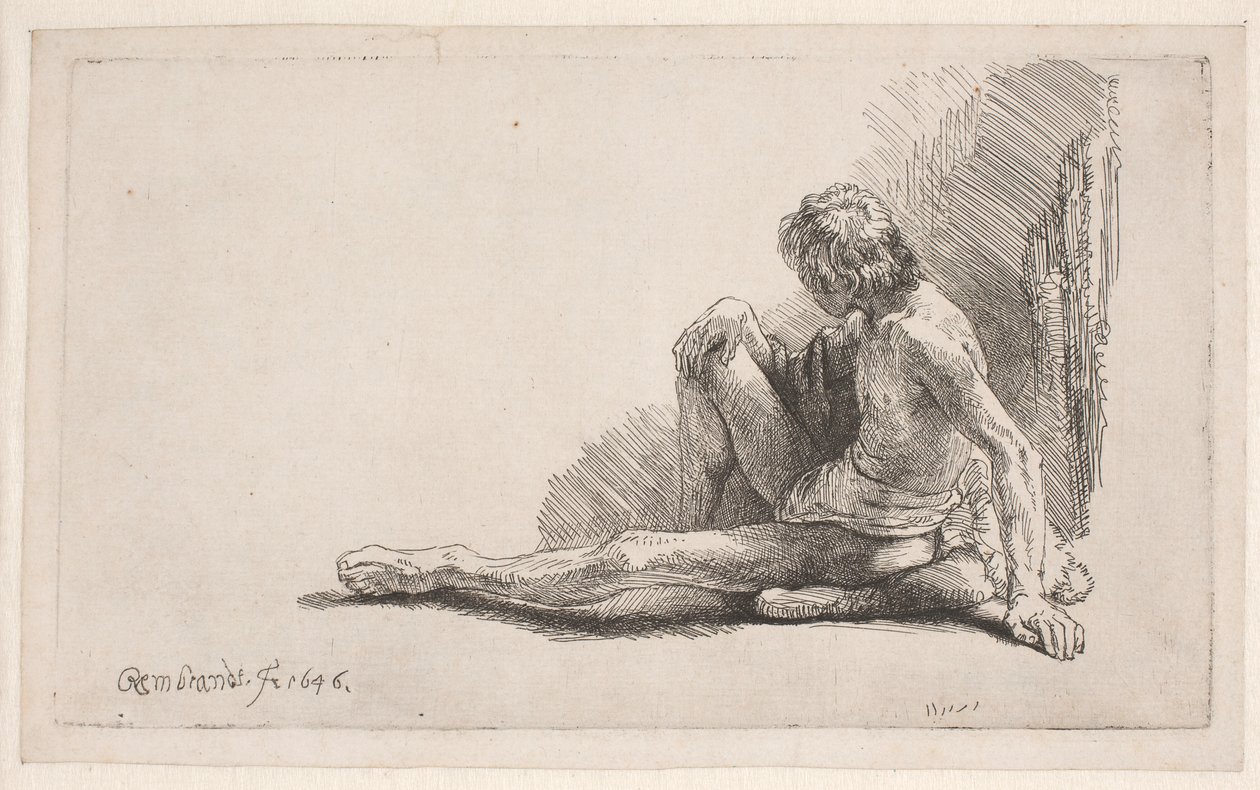 Naaktstudie: man zittend op de grond met één been gestrekt door Rembrandt van Rijn