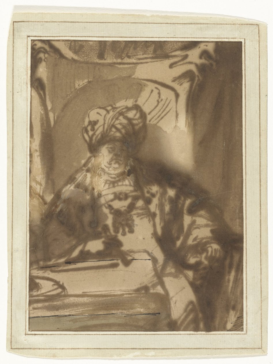 De acteur Willem Bartholsz Ruyter als koning Ahasveros op zijn troon door Rembrandt van Rijn