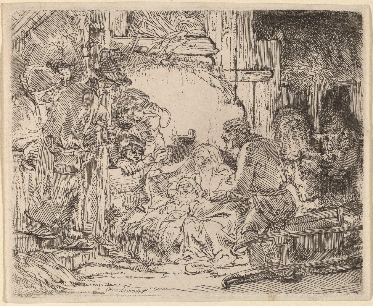 De Aanbidding der Herders: met de Lamp door Rembrandt van Rijn