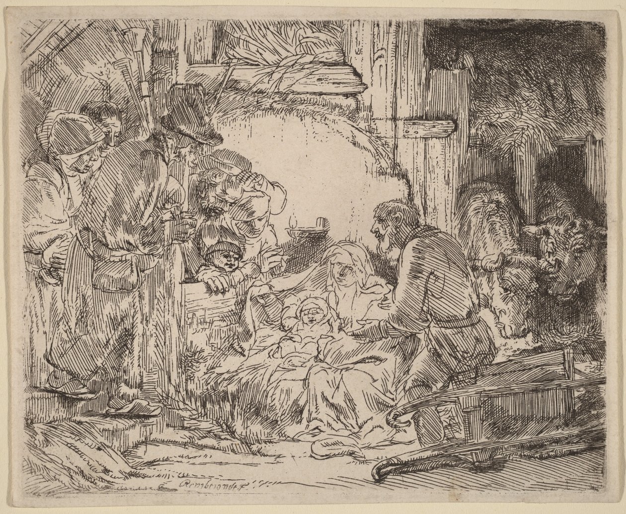 De aanbidding van de herders: met de lamp door Rembrandt van Rijn