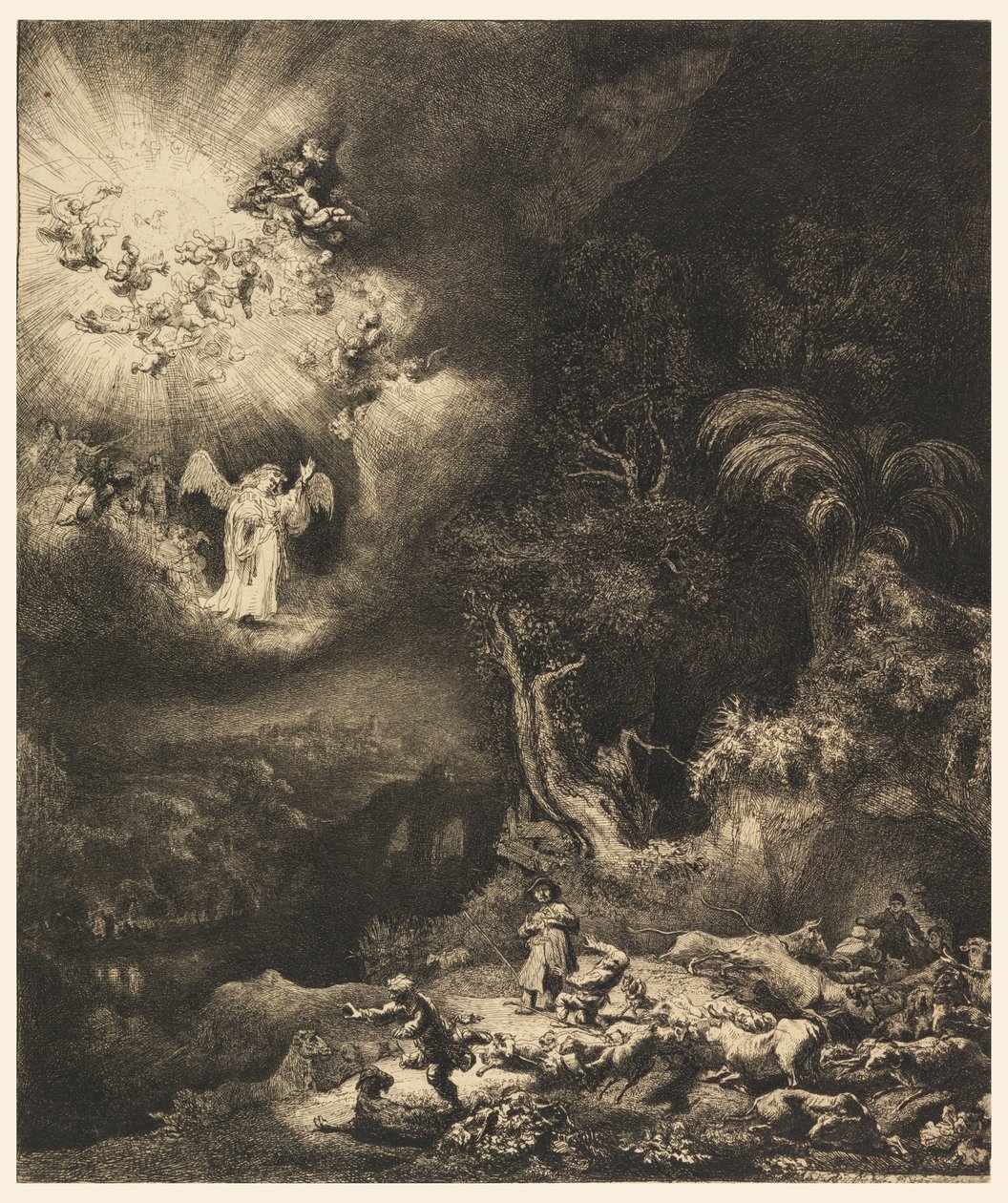 De Engel Verschijnt aan de Herders door Rembrandt van Rijn