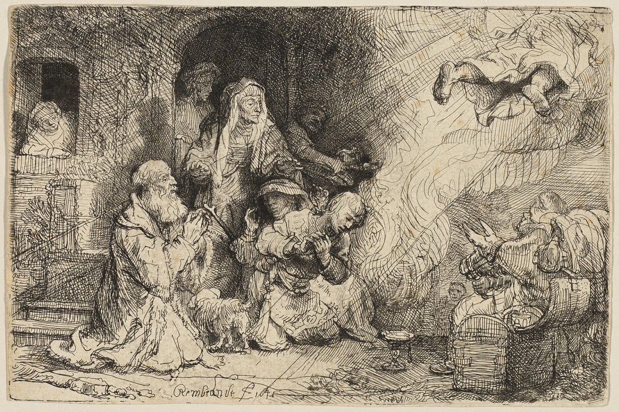 De engel vertrekt uit de familie van Tobias door Rembrandt van Rijn