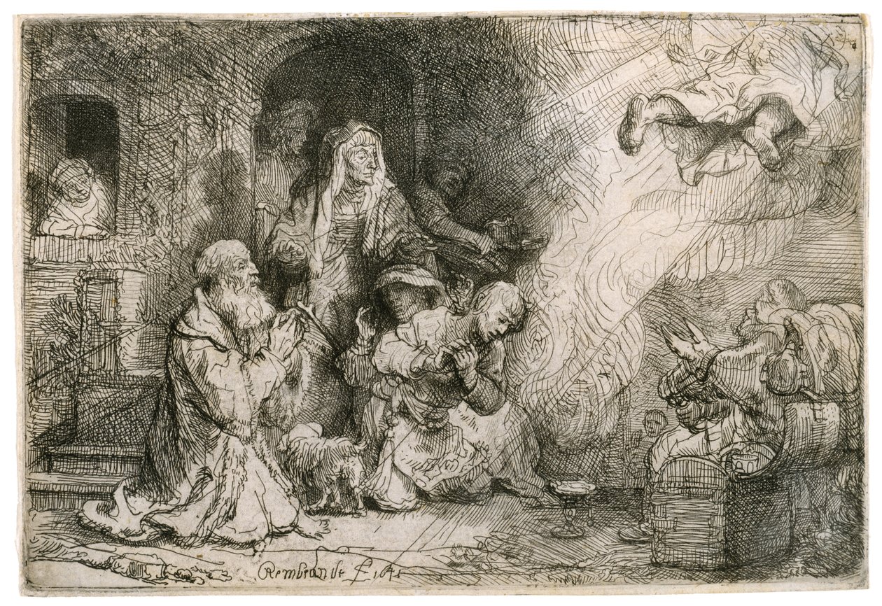 De engel vertrekt uit de familie van Tobias door Rembrandt van Rijn