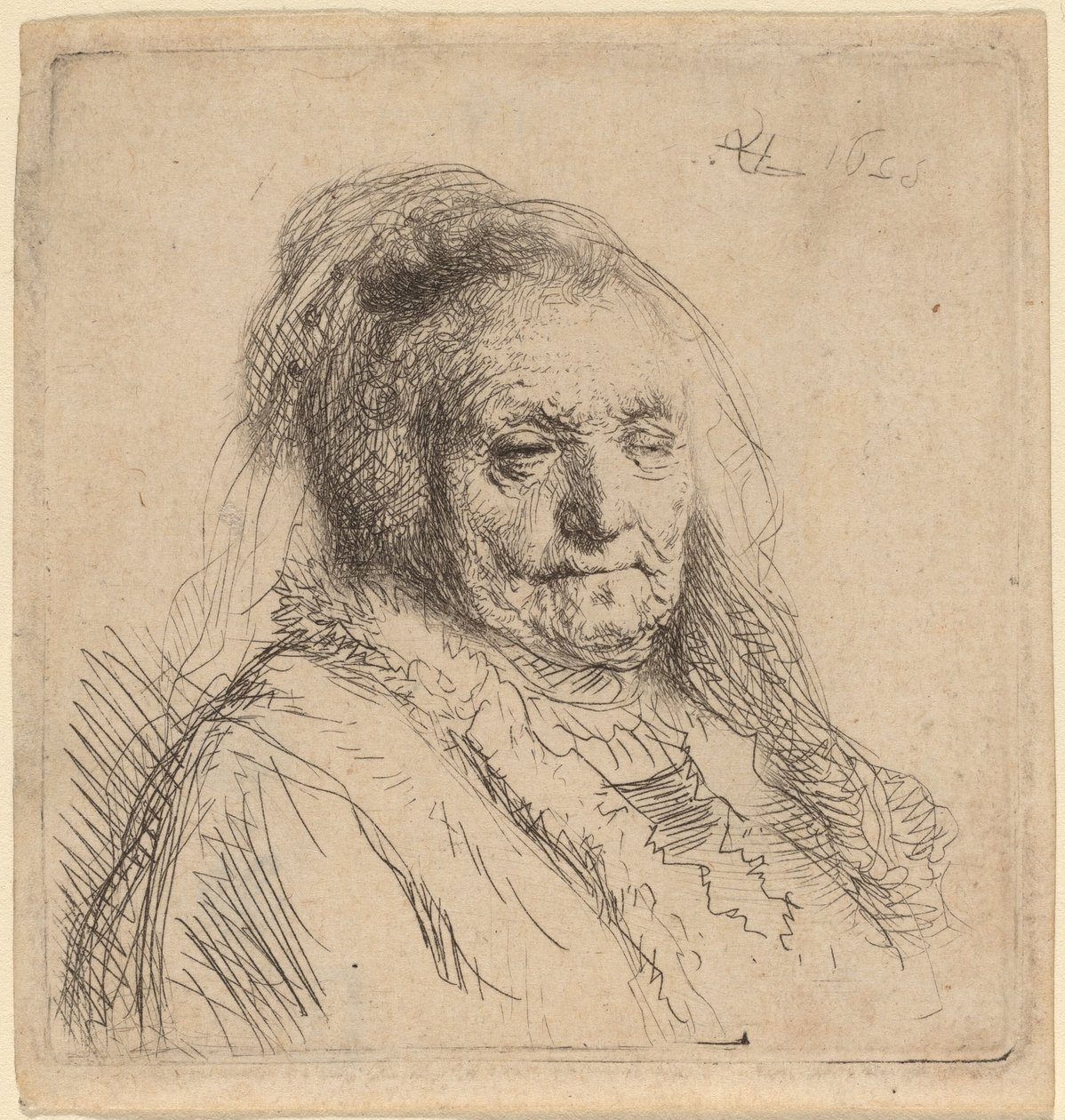 Het hoofd en de buste van de moeder van de kunstenaar door Rembrandt van Rijn
