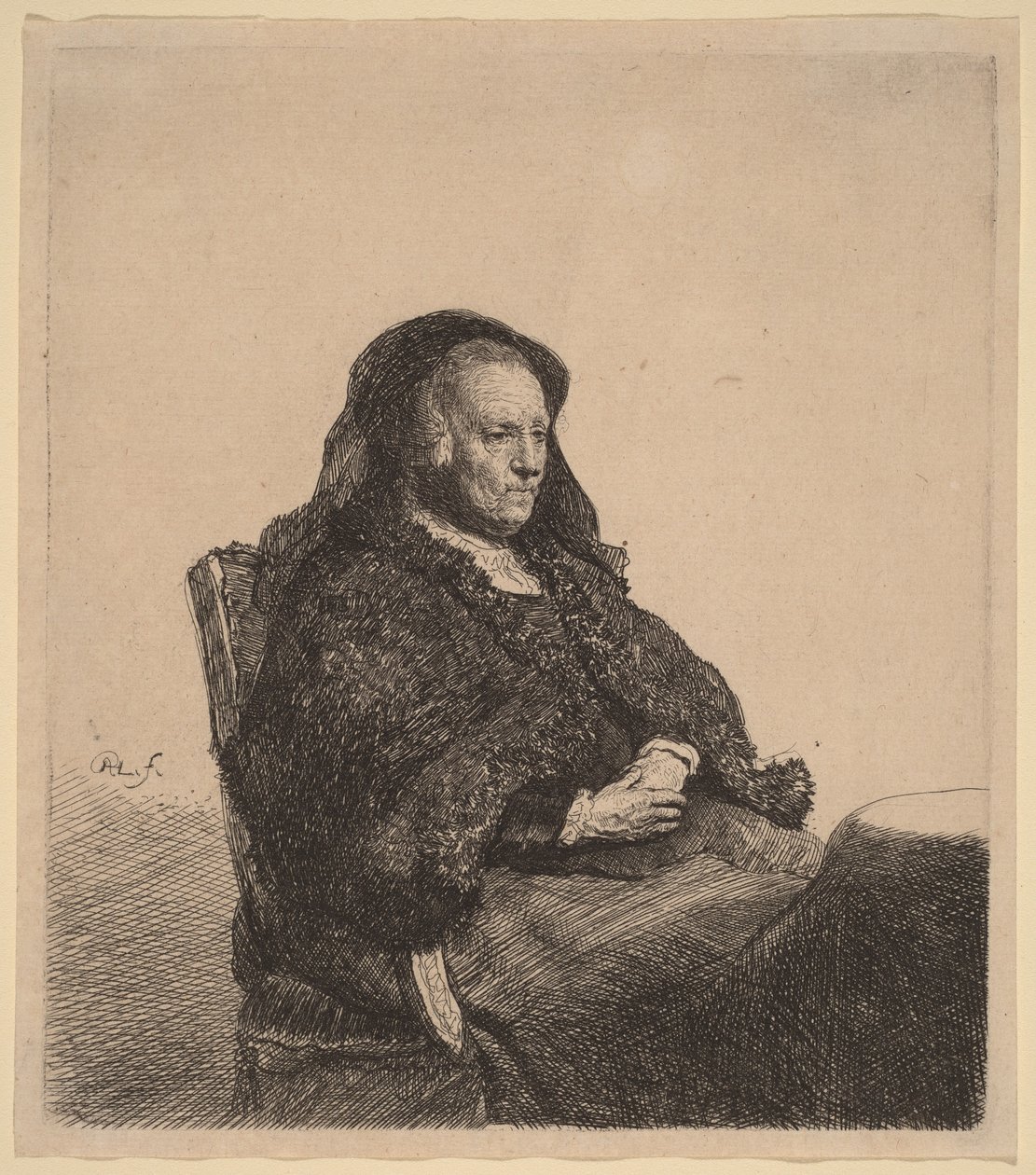 De moeder van de kunstenaar, zittend aan een tafel, kijkend naar rechts door Rembrandt van Rijn