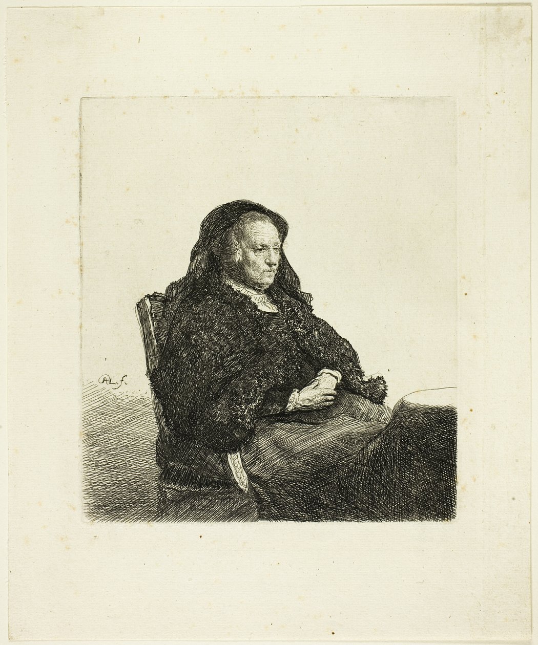 De moeder van de kunstenaar zit aan een tafel en kijkt naar rechts: Driekwart lengte door Rembrandt van Rijn