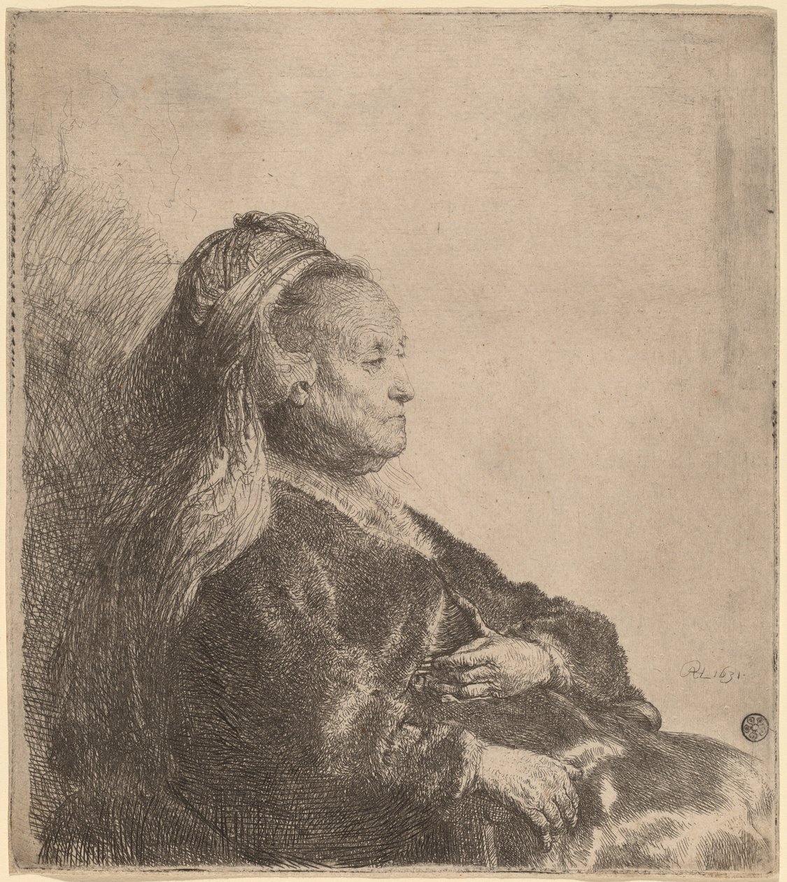 De moeder van de kunstenaar zittend, in een oosterse hoofdband door Rembrandt van Rijn