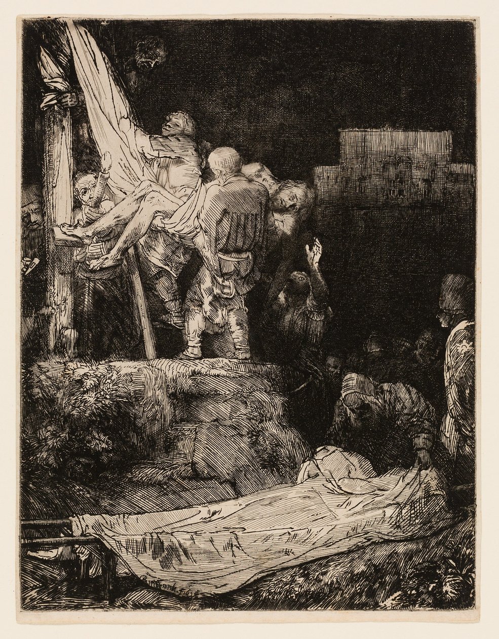 De kruisafneming bij fakkellicht door Rembrandt van Rijn