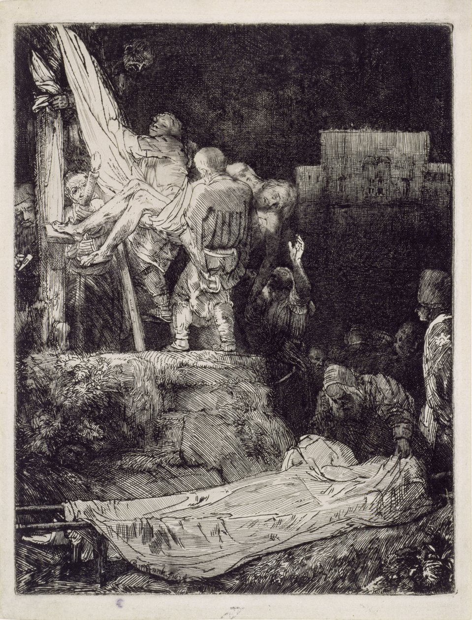 De afneming van het kruis bij fakkellicht door Rembrandt van Rijn