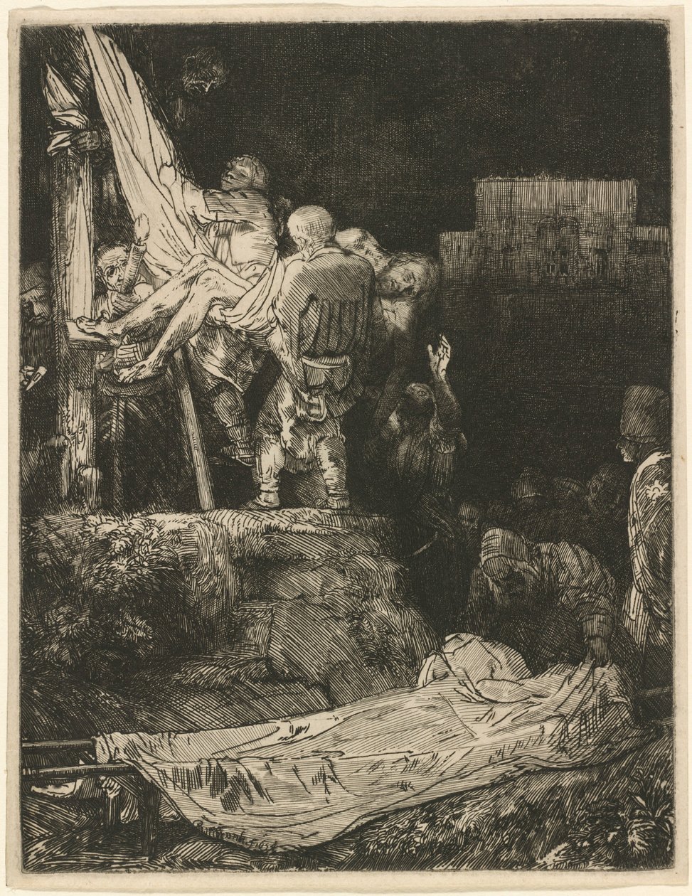 De afneming van het kruis bij fakkellicht door Rembrandt van Rijn