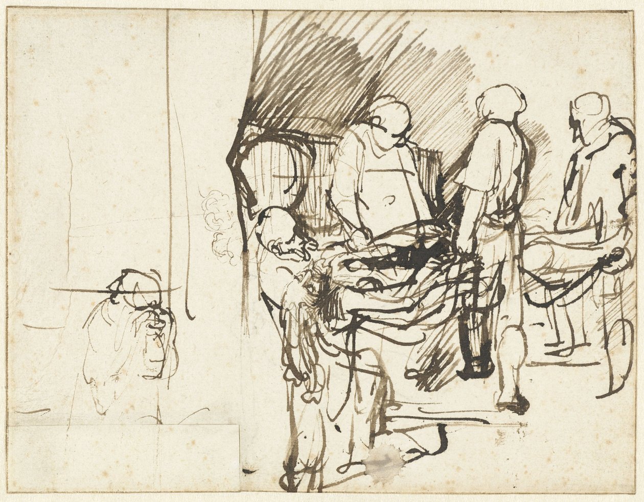 De graflegging, boven een schets van een beul door Rembrandt van Rijn