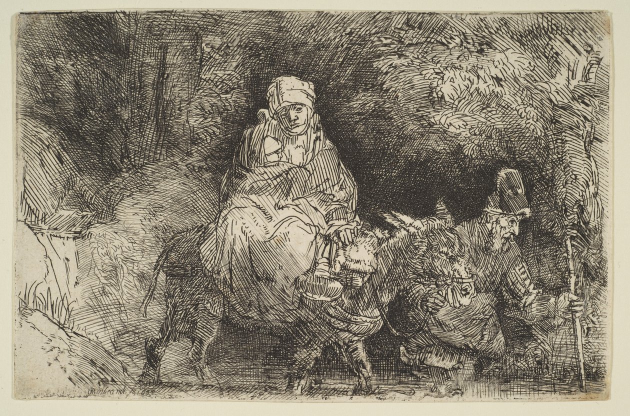 De vlucht naar Egypte: het oversteken van een beek, 1654 door Rembrandt van Rijn