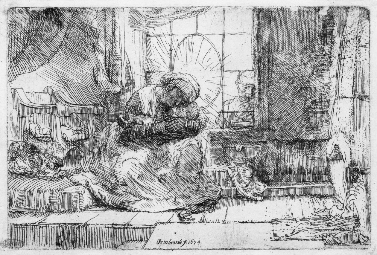 De Heilige Familie met een kat door Rembrandt van Rijn