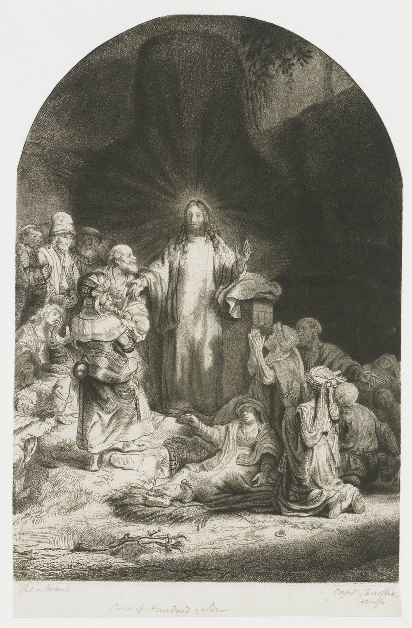 De Honderdguldenprent: het centrale deel met Christus die predikt, de plaat is gebogen door Rembrandt van Rijn