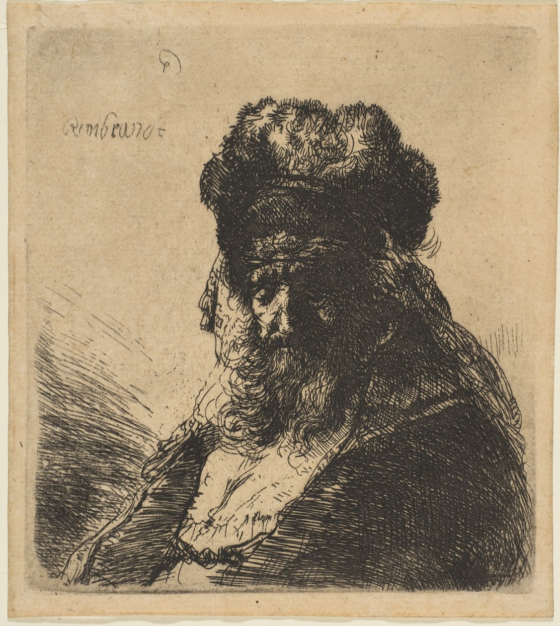 De Oude Bebaarde Man in een Hoge Bontmuts, met Gesloten Ogen door Rembrandt van Rijn