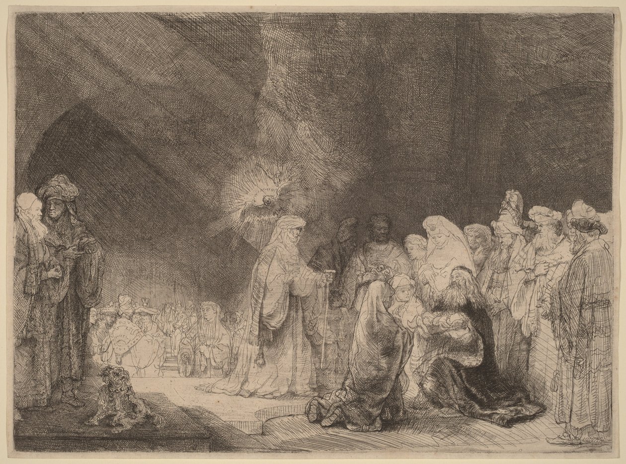De offerande in de tempel: langwerpige prent door Rembrandt van Rijn