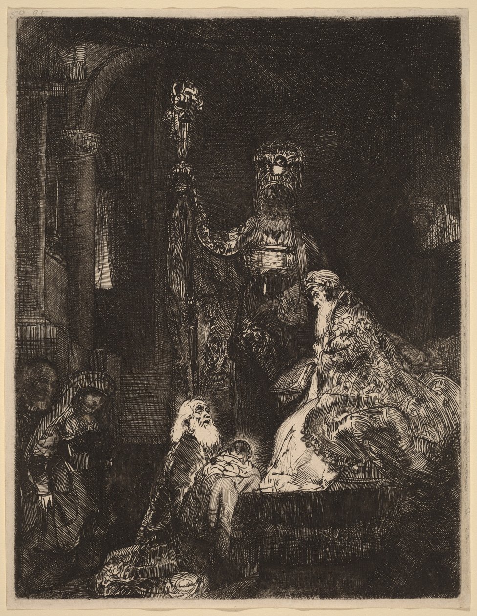 De offerande in de tempel volgens de donkere methode door Rembrandt van Rijn