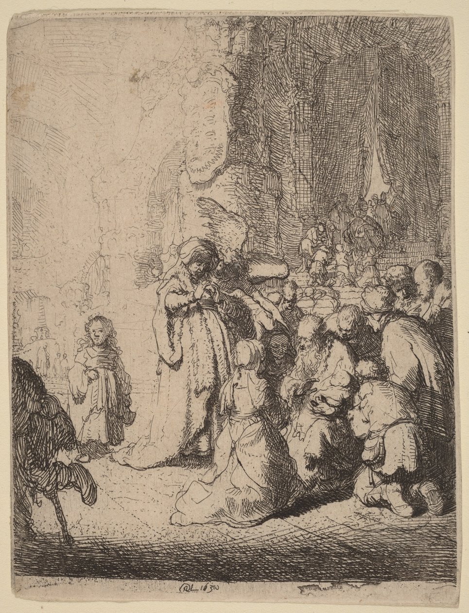 De offerande in de tempel met de engel: kleine plaat door Rembrandt van Rijn
