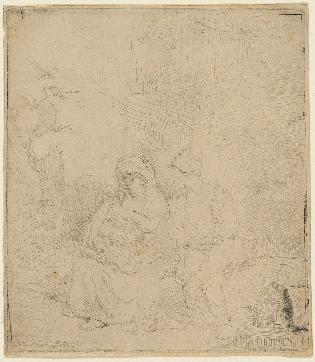 De rust tijdens de vlucht naar Egypte: licht geëtst door Rembrandt van Rijn