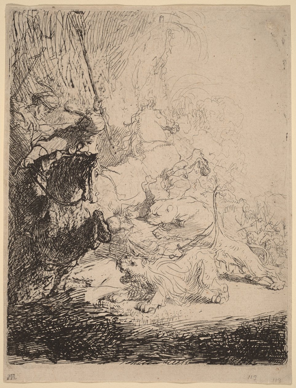De jacht op de kleine leeuw (met twee leeuwen) door Rembrandt van Rijn