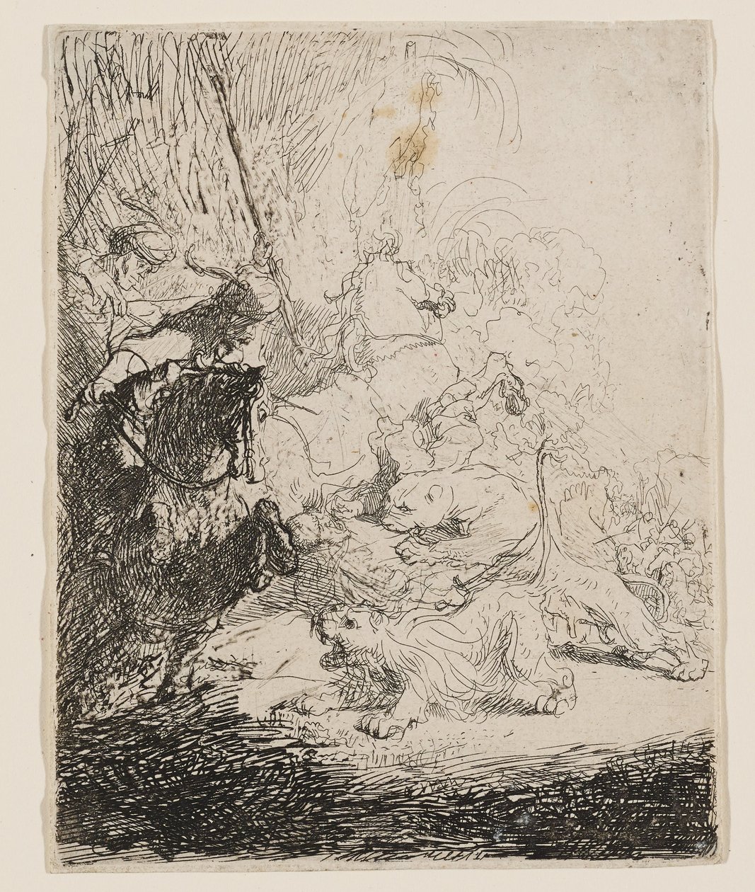 De jacht op de kleine leeuw (met twee leeuwen) door Rembrandt van Rijn