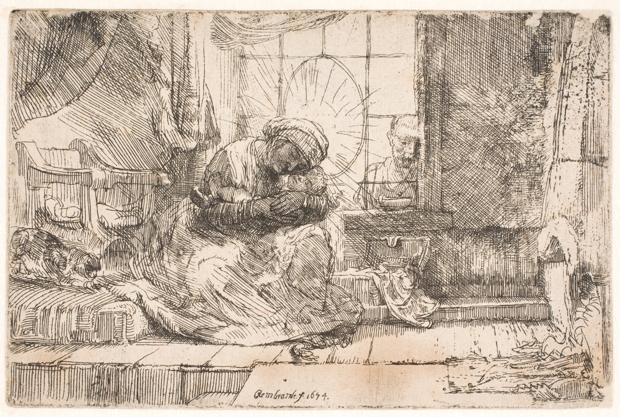 De Maagd met het Kind en de kat: en Jozef bij het raam door Rembrandt van Rijn