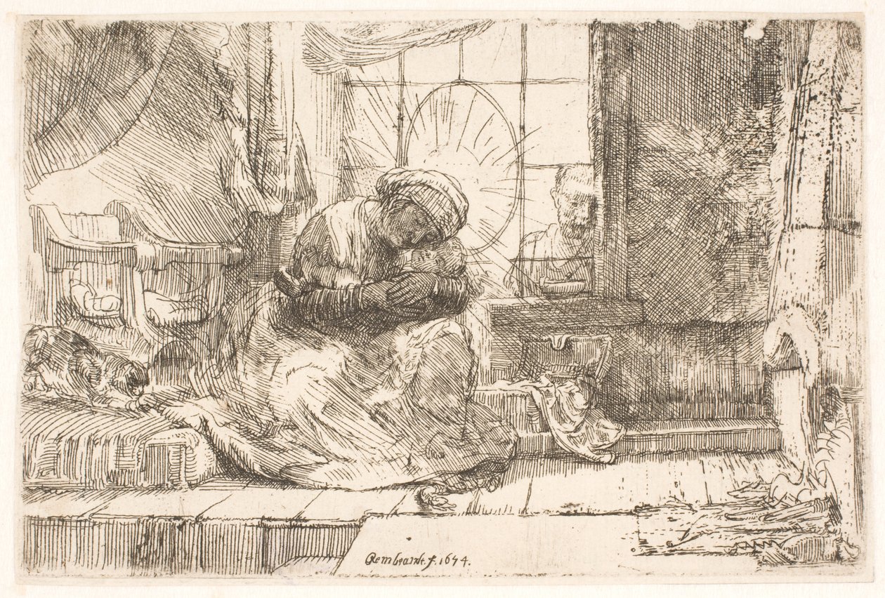 De Maagd met het Kind en de kat: en Jozef bij het raam door Rembrandt van Rijn