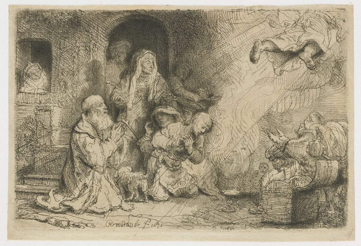 De engel vertrekt van de familie van Tobias door Rembrandt van Rijn