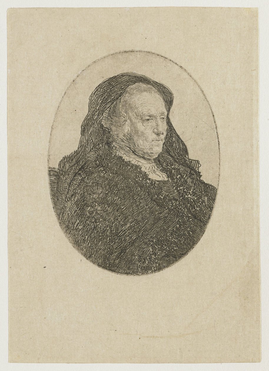 De moeder van de kunstenaar, zittend aan een tafel, kijkend naar rechts: driekwartprofiel door Rembrandt van Rijn