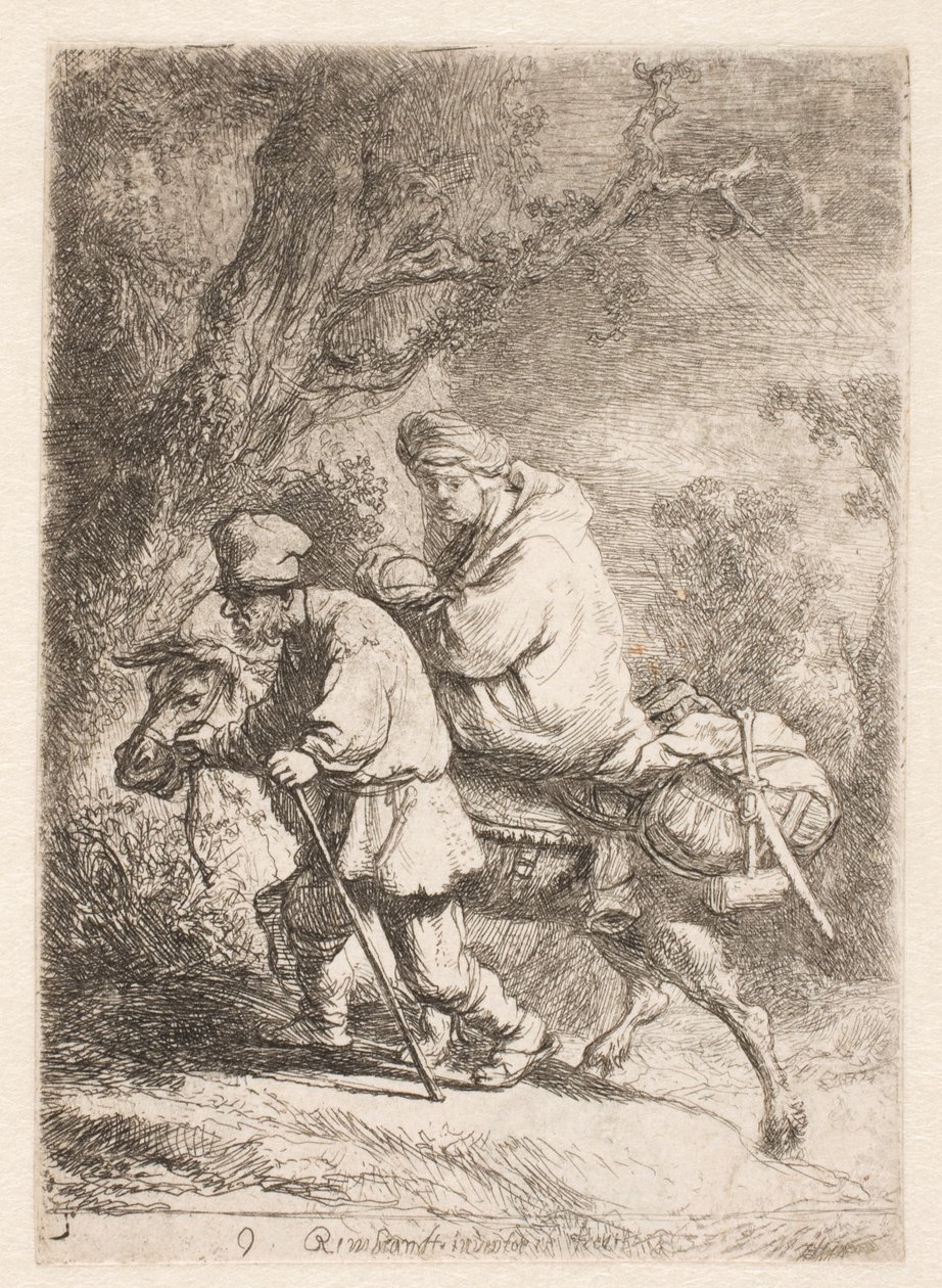 De vlucht naar Egypte: klein bordje door Rembrandt van Rijn