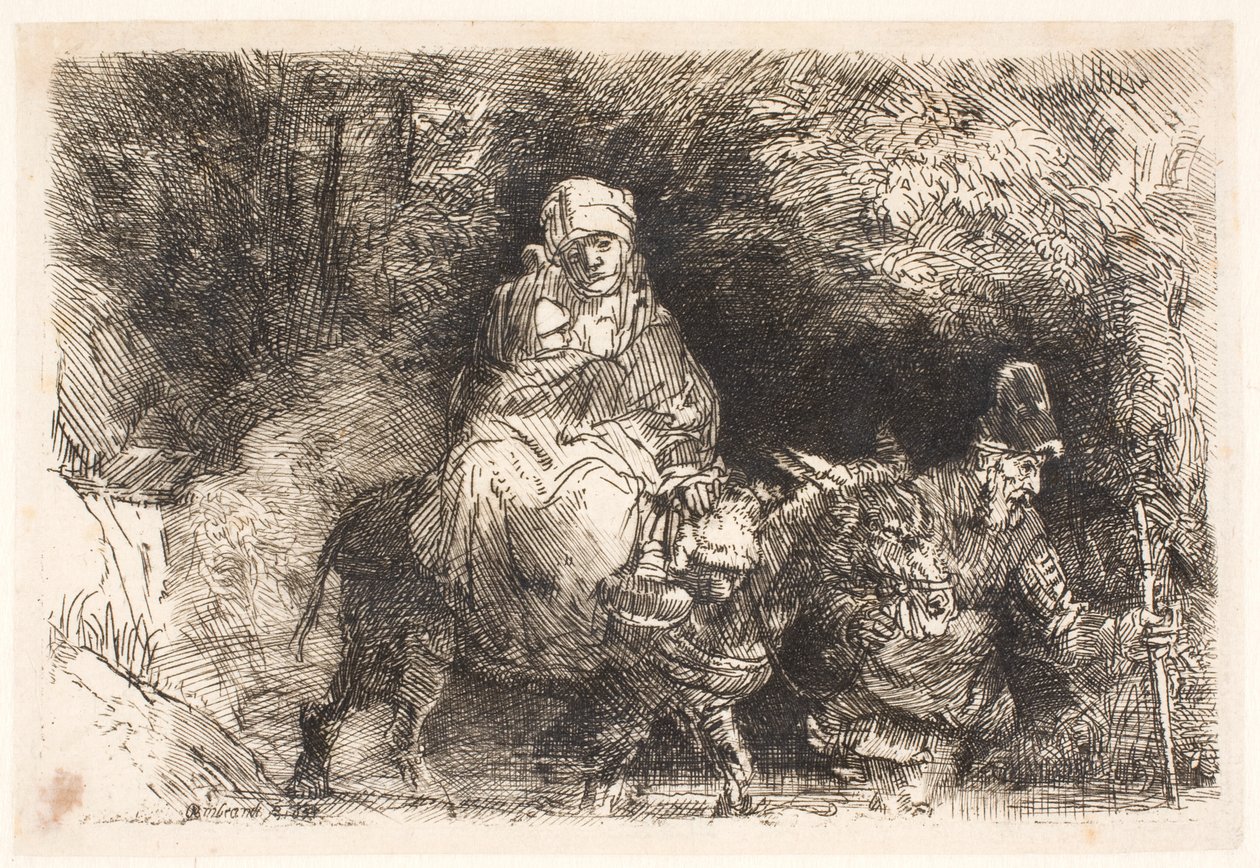 De vlucht naar Egypte: de Heilige Familie steekt een beekje over door Rembrandt van Rijn