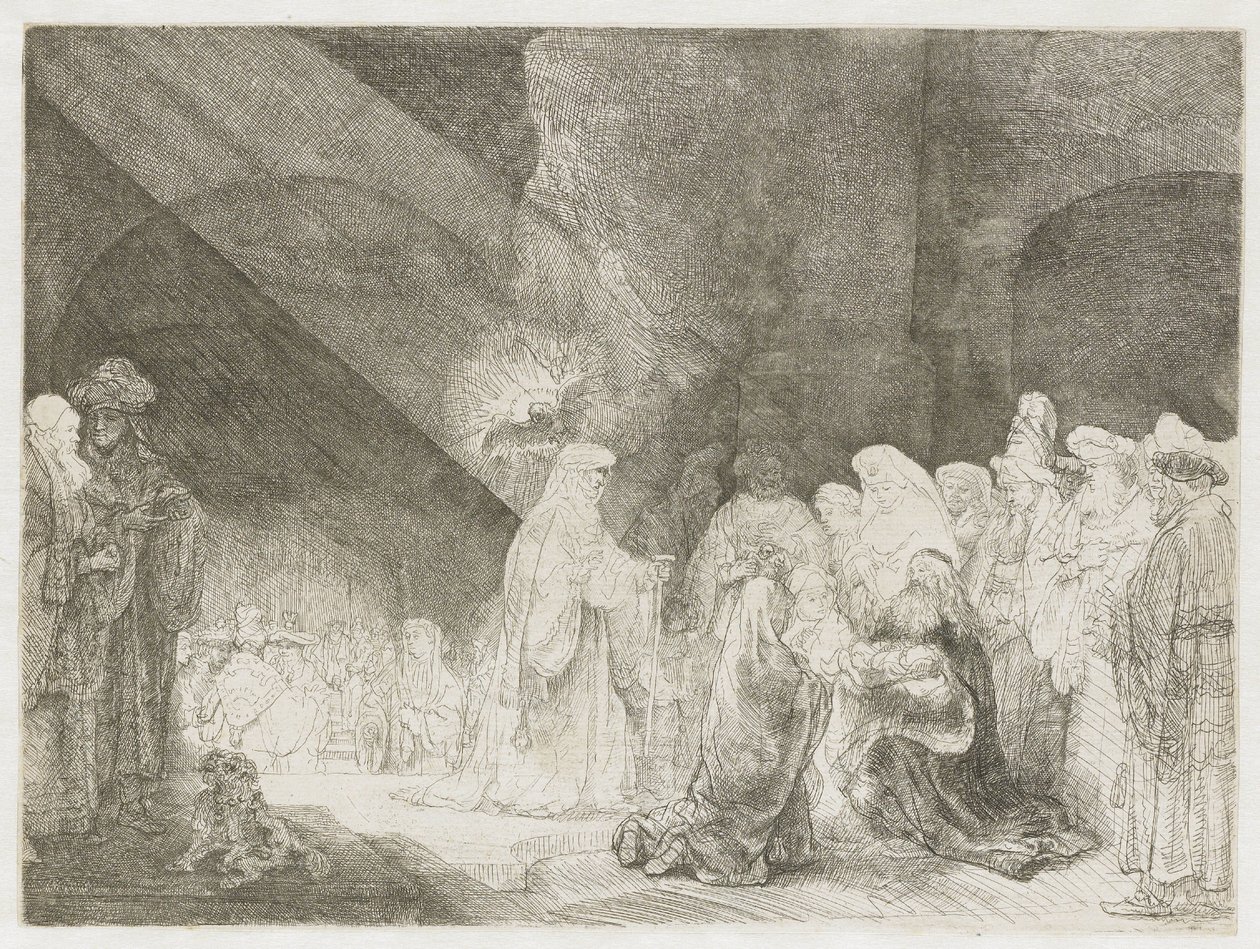 De presentatie in de tempel: langwerpige prent door Rembrandt van Rijn