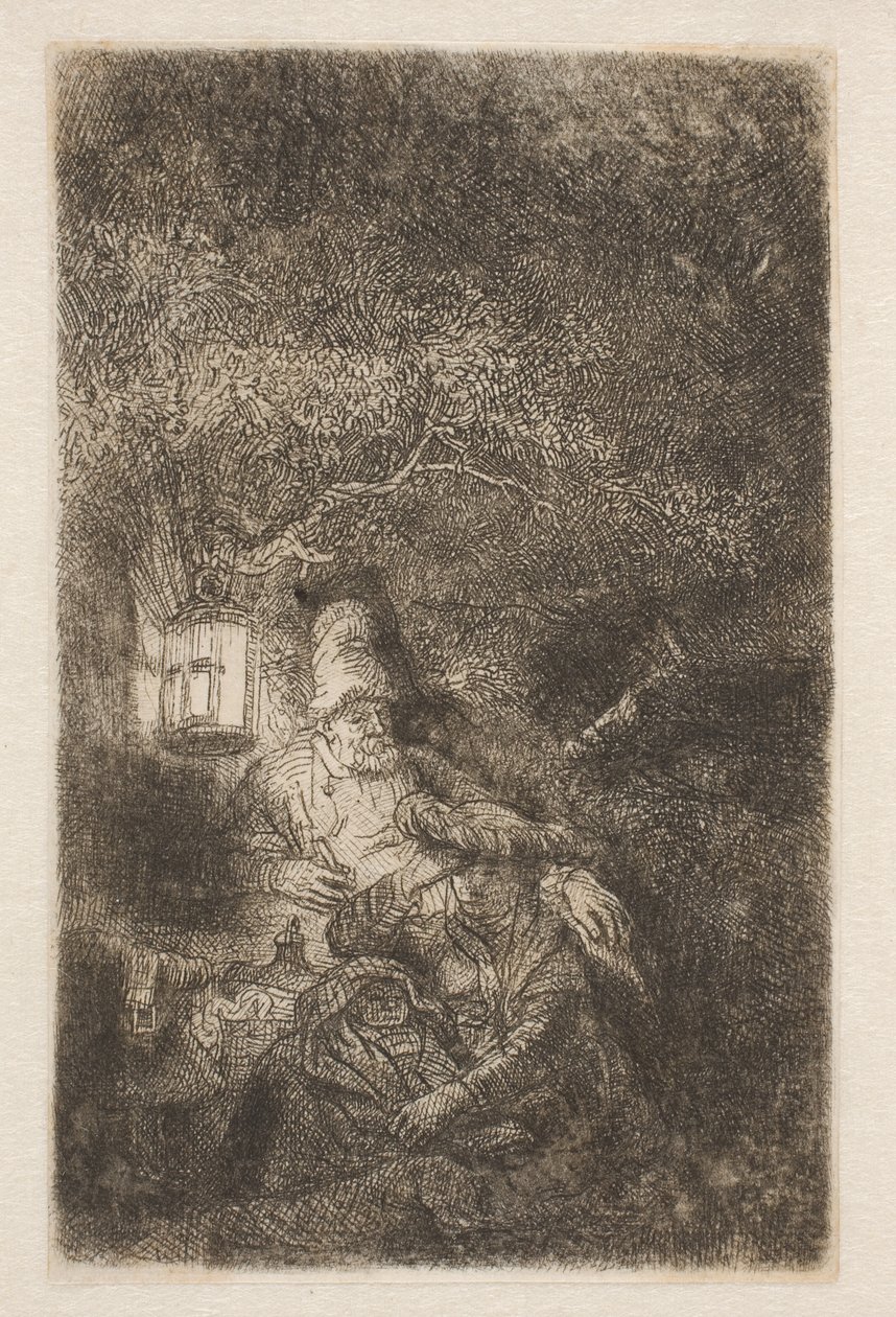 De rest van de vlucht: een nachtelijk stuk door Rembrandt van Rijn