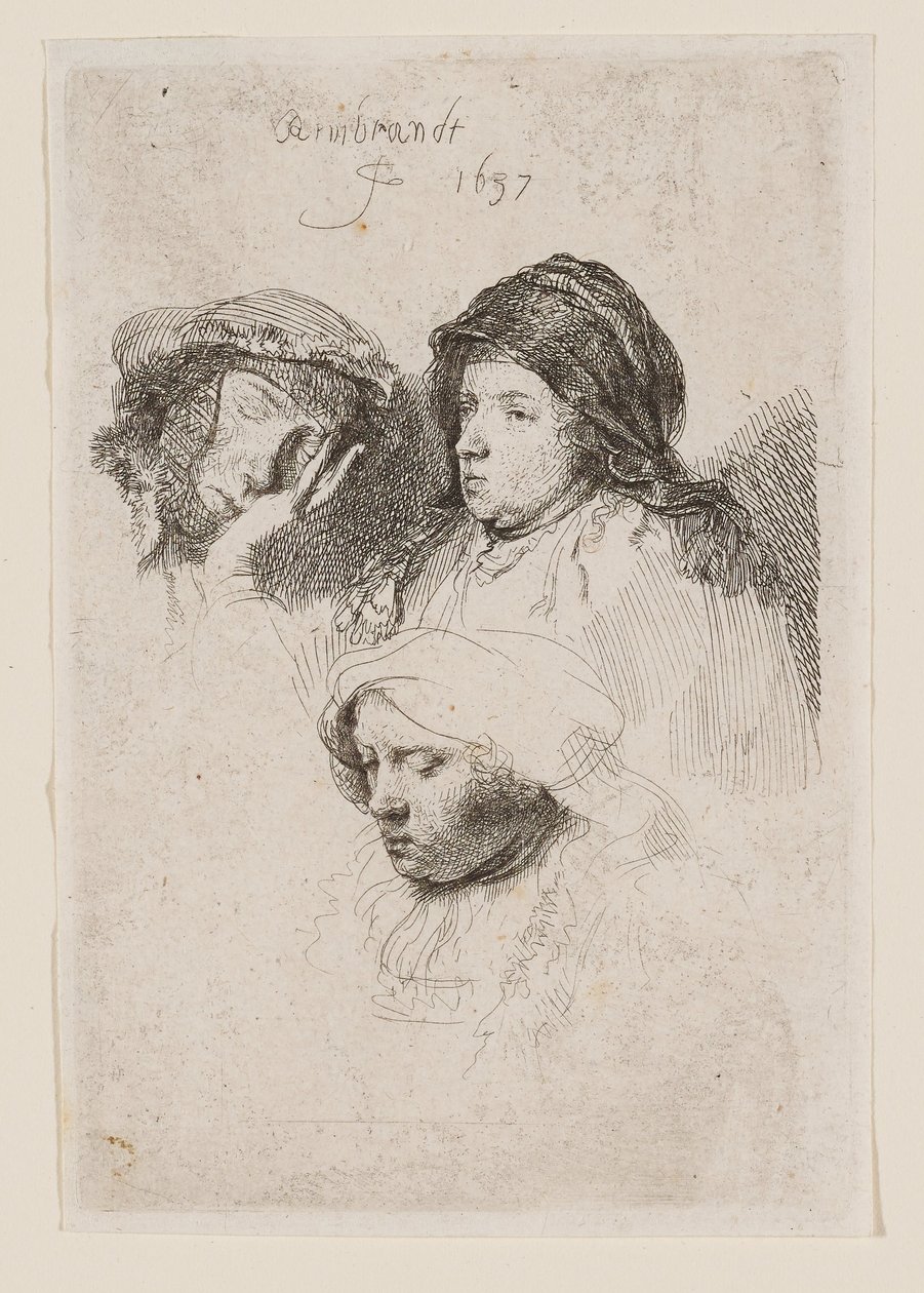 Drie vrouwenhoofden, waarvan één slaapt door Rembrandt van Rijn